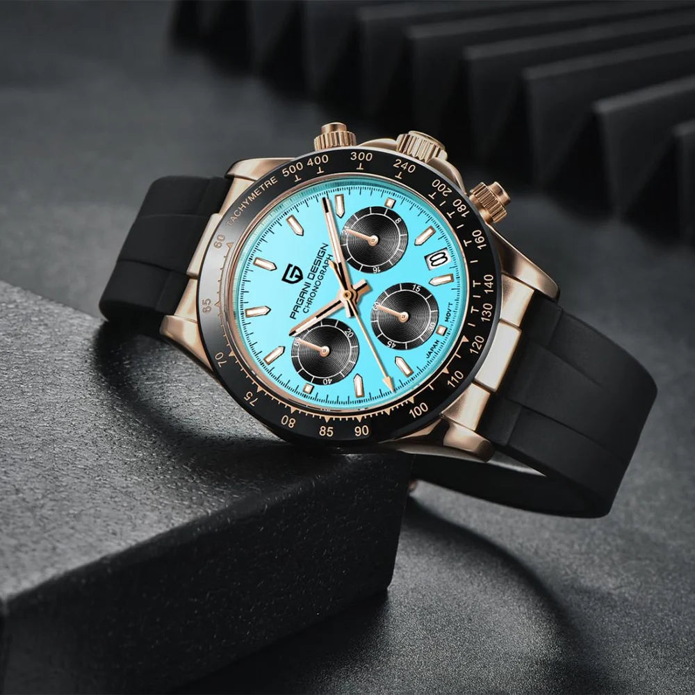 Cronógrafo DM para hombre – Esfera azul celeste, diseño retro