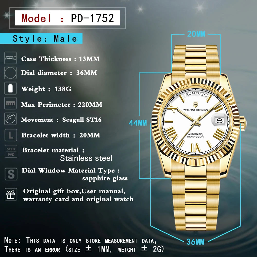 DM Automatikuhr Gold – Mechanisch, Saphirglas, Wasserdicht