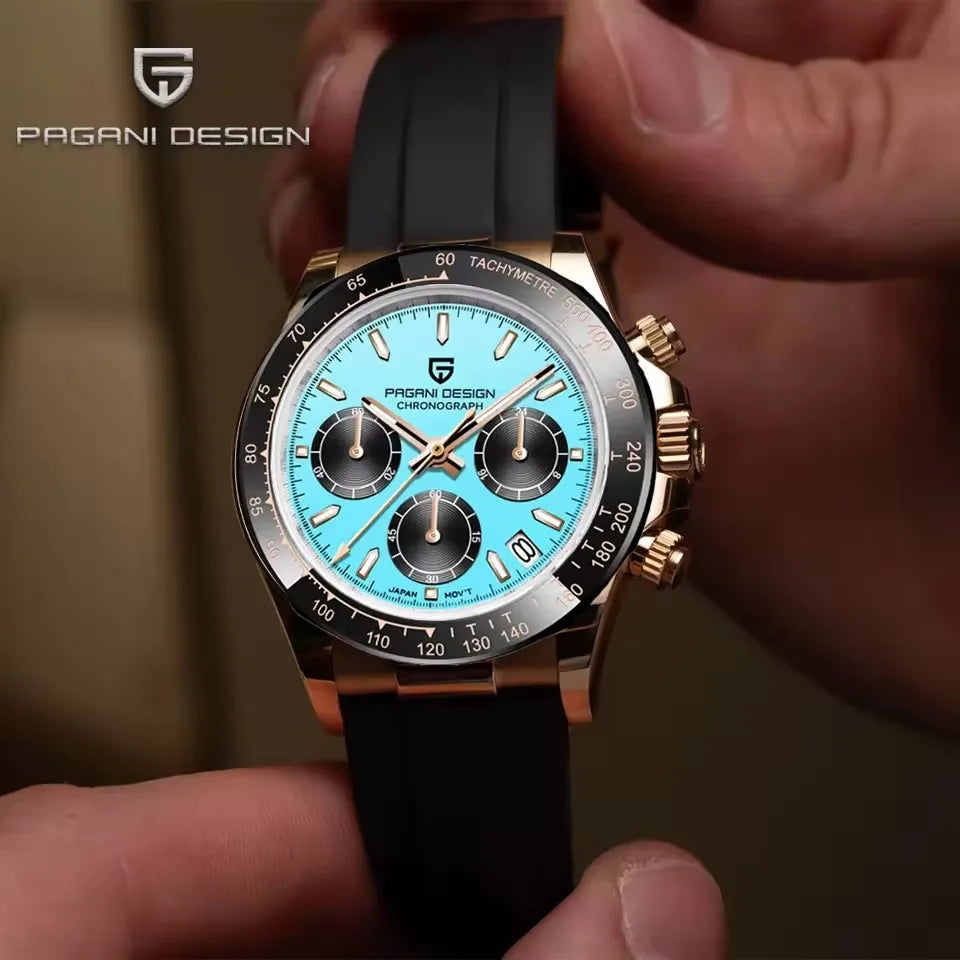 Cronógrafo DM para hombre – Esfera azul celeste, diseño retro