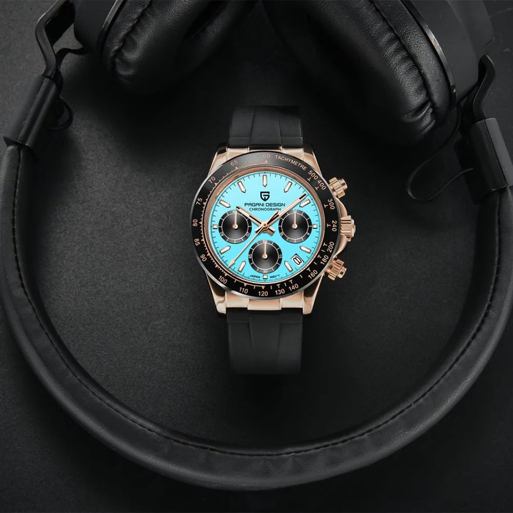Cronógrafo DM para hombre – Esfera azul celeste, diseño retro