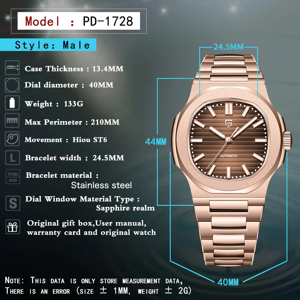 DM Roségold Automatikuhr – Edelstahl, Sportlich, Wasserdicht