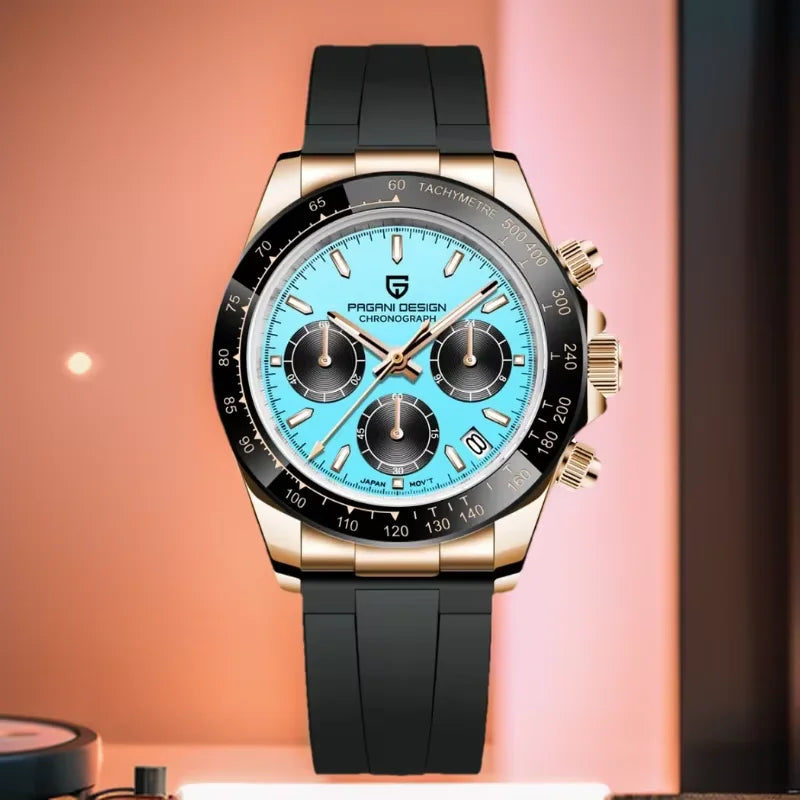 Cronógrafo DM para hombre – Esfera azul celeste, diseño retro