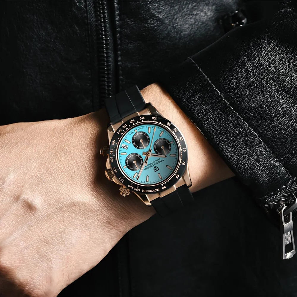 Cronógrafo DM para hombre – Esfera azul celeste, diseño retro